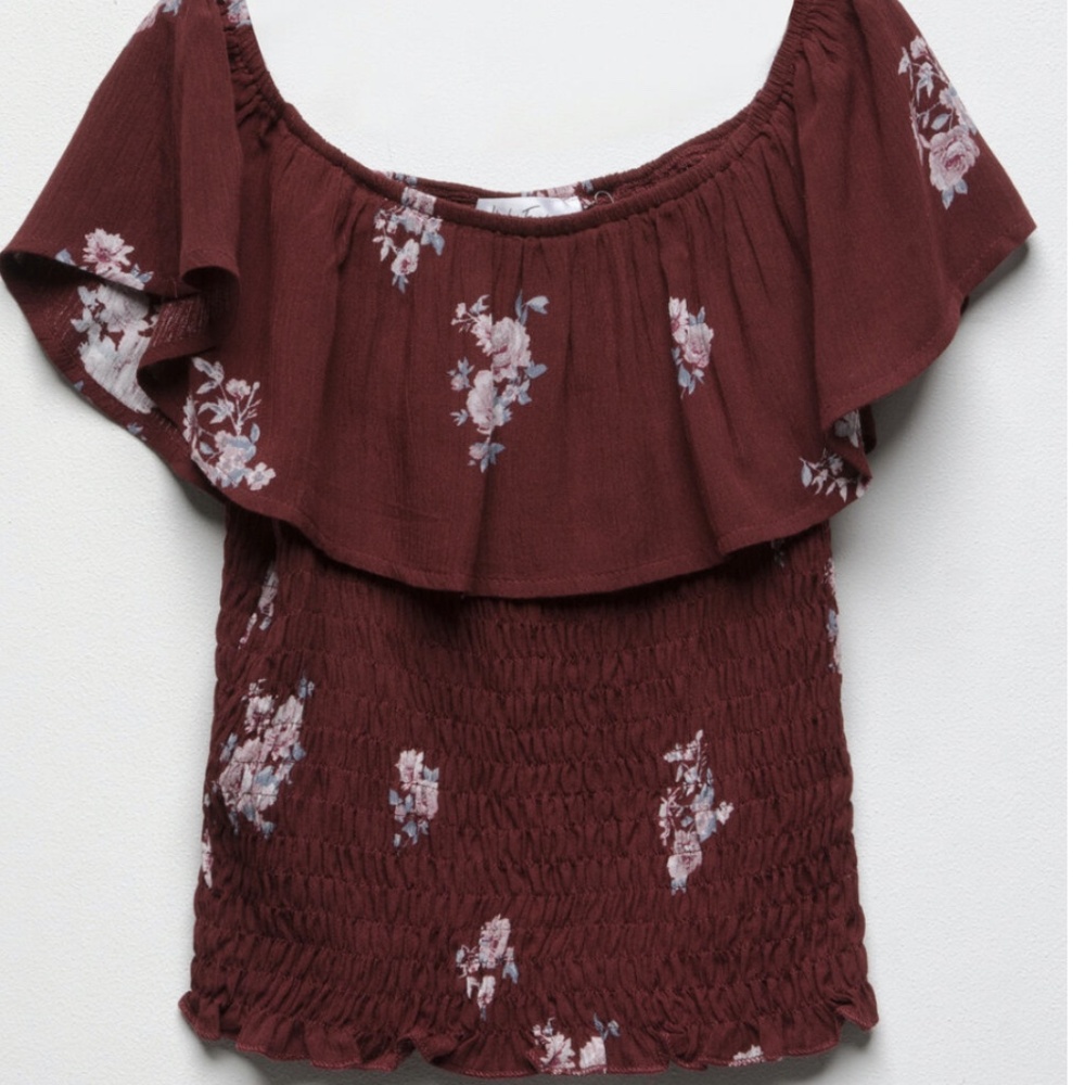 Tilly's Girls White Fawn Floral Ruffle Smock Top NWT Maroon Burgundy Medium